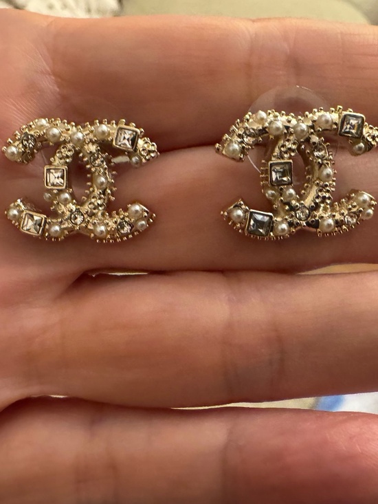 CHANEL Jewelry - Brand New Classic Chanel CC Logo Crystal Embellished Pearl Earrings